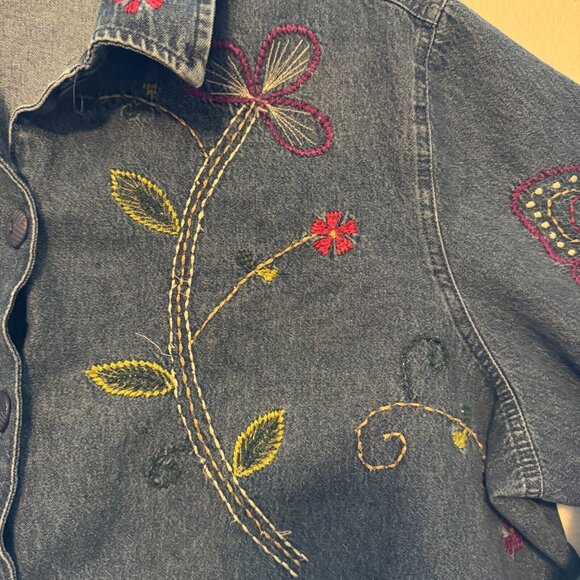 E.Larsen Studio Works Womens Denim Jean Floral Embroidered Button Up Jacket 2X - Picture 4 of 11